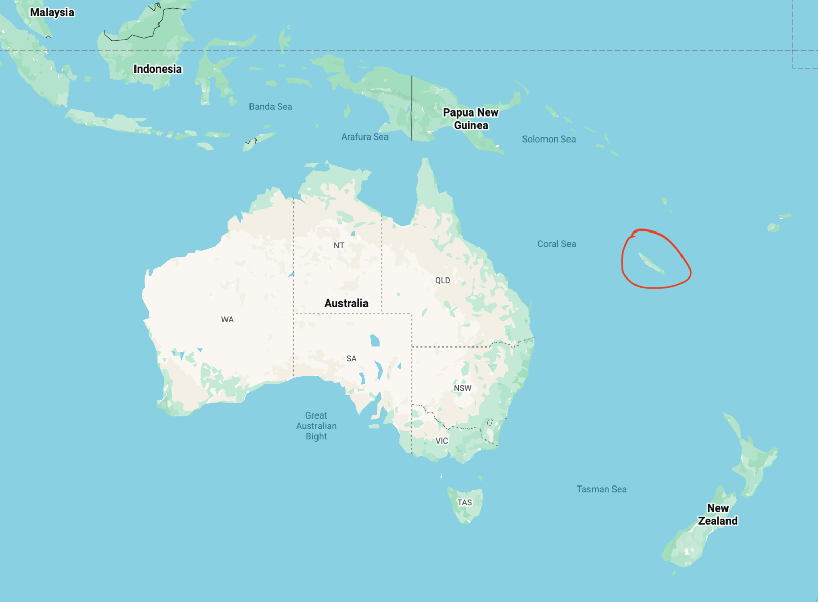 Map of Oceania with New Caledonia circled, east of Australia
