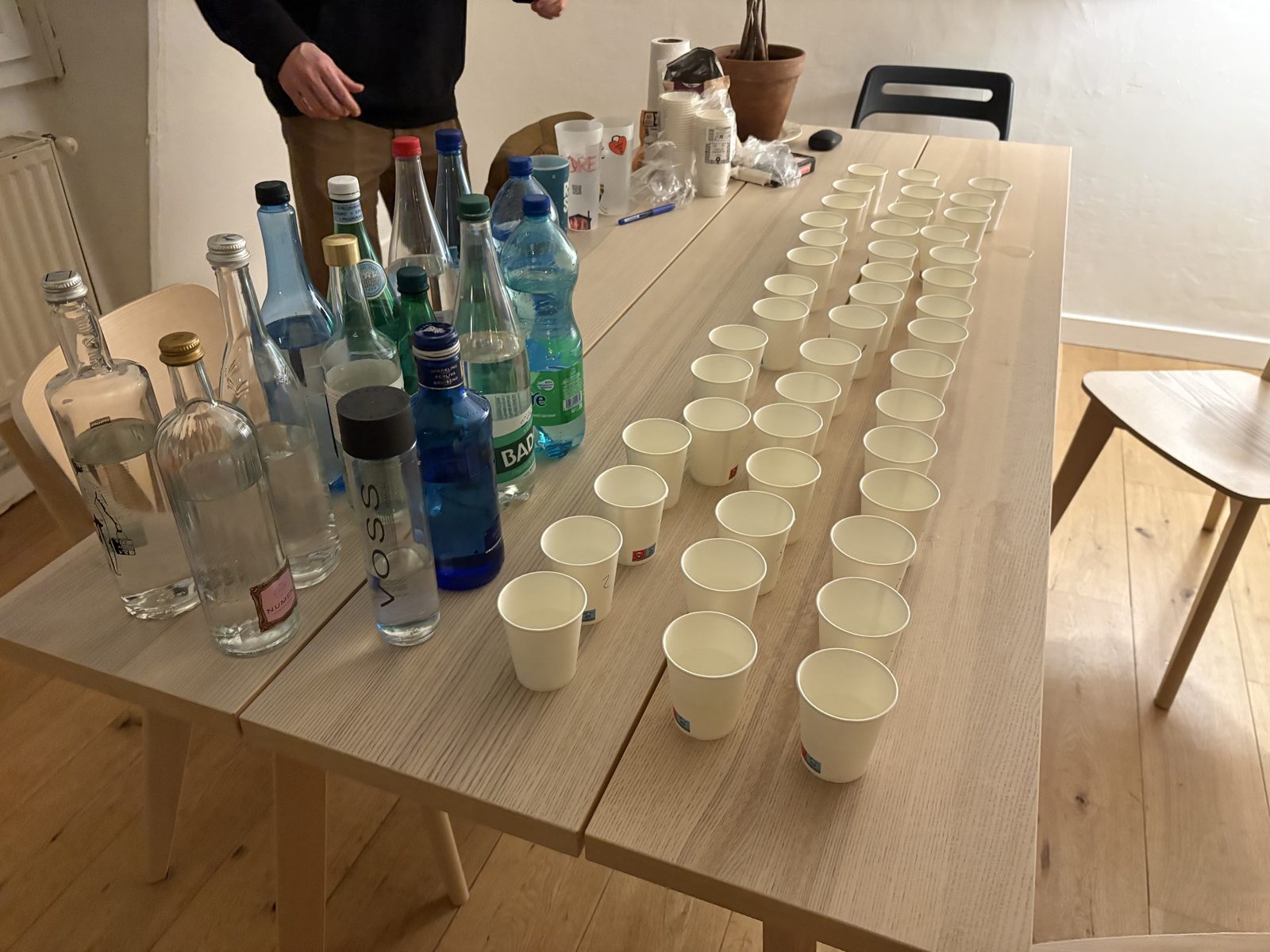 The blind-tasting setup: sparkling-water bottles lined up beside rows of numbered paper cups on a wooden table